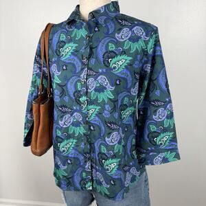 Lands’ End Women’s 12P Paisley Floral Button Down Shirt Green Blue NWT Supima
